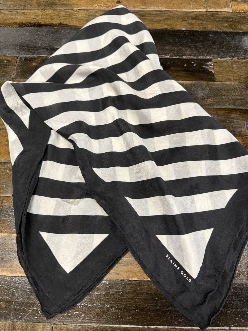 Vintage Elaine Gold Black White Geometric Square Scarf 30” Mod Op Art